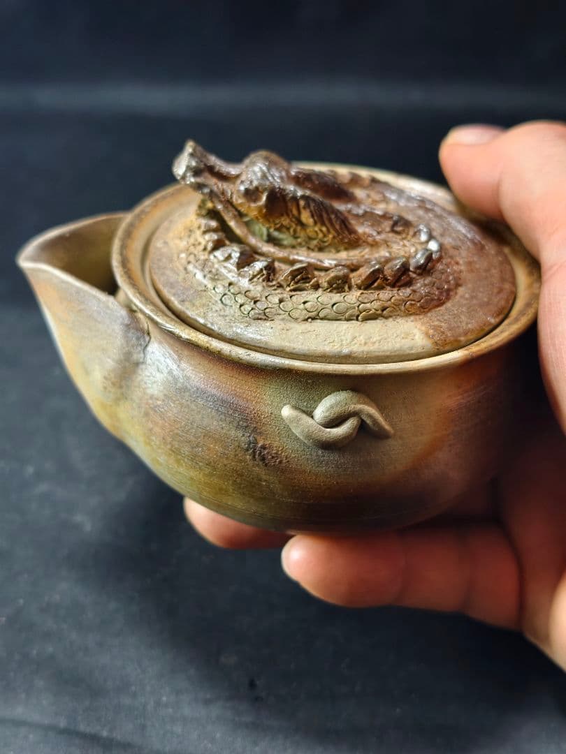 茶道具 備前焼窯変宝瓶急須 盤竜蓋 在銘 桐箱 作家物 未使用美品 火襷