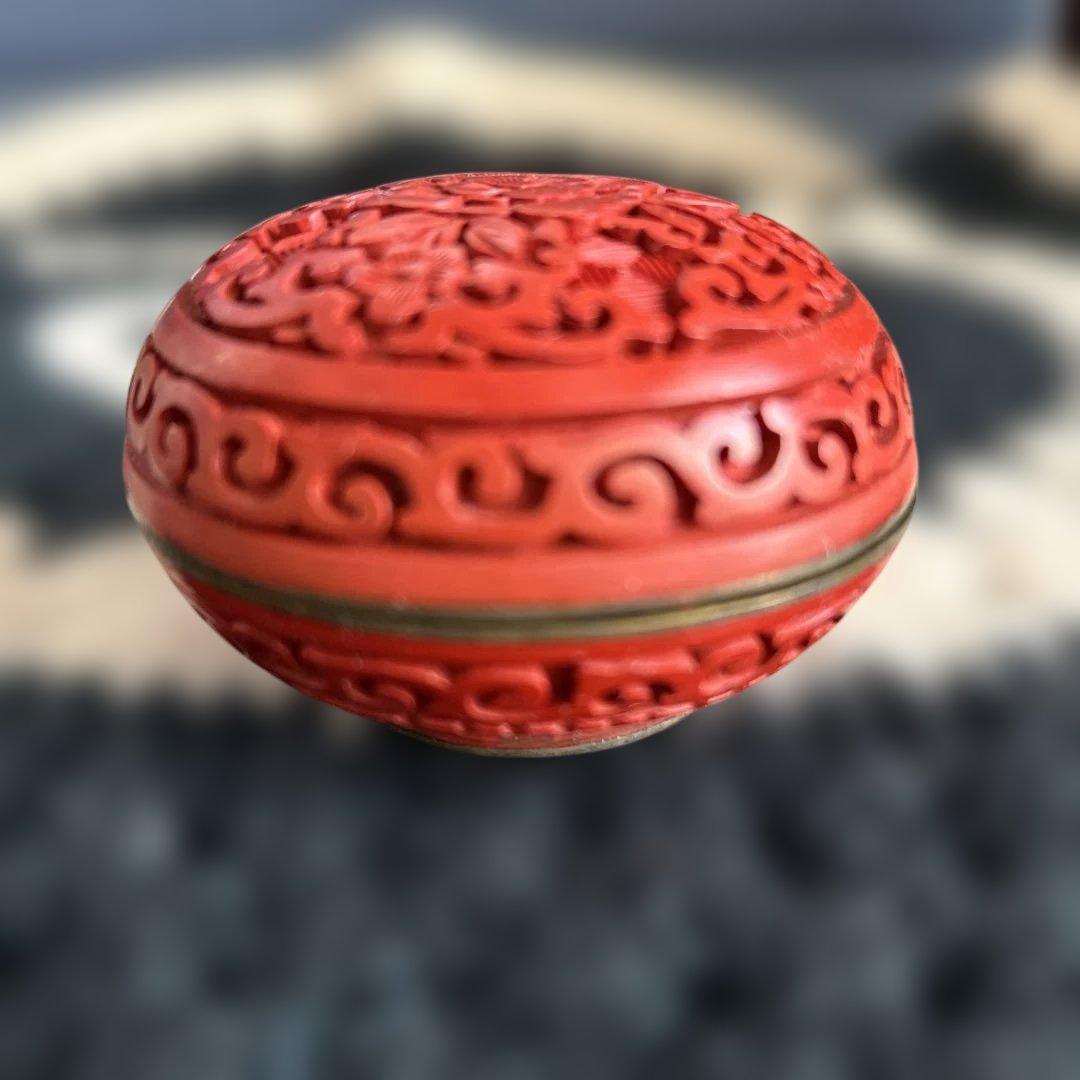 中国骨董旧蔵【民国時代銅胎彫漆堆朱内七宝香合】高級厚重希少珍貴細工精密彫刻牡丹図