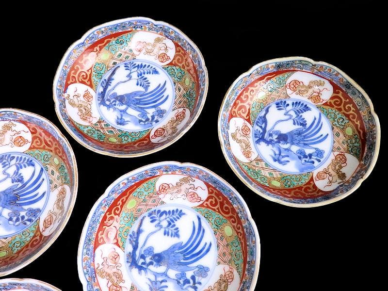 古伊万里　金襴手　玉乗り獅子に鳥の図　３寸半皿　５枚　066AS-CIf