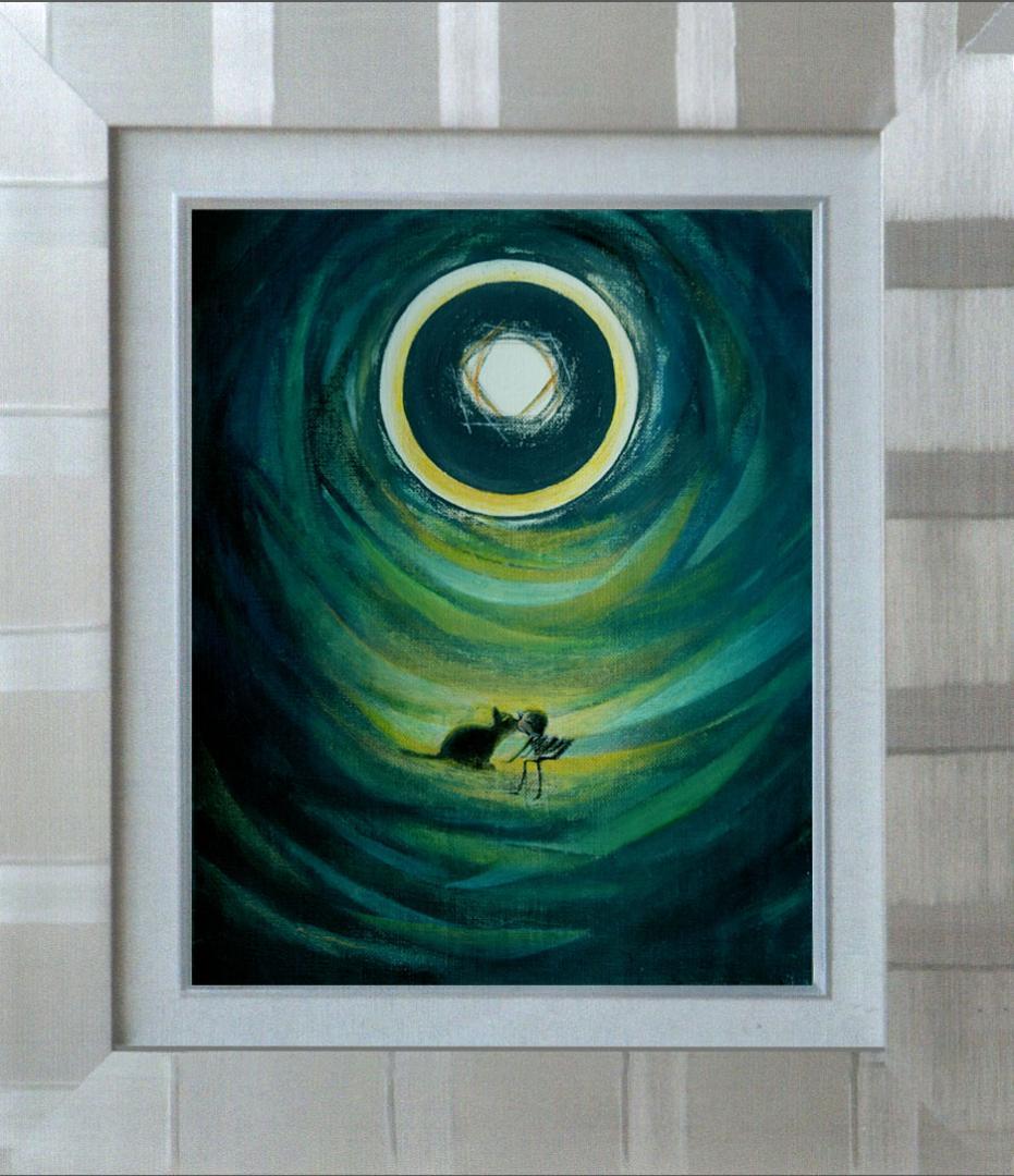 油絵 菅家令子絵 絵画インテリア額付(淡い銀青緑 ) F3-031119猫女の子