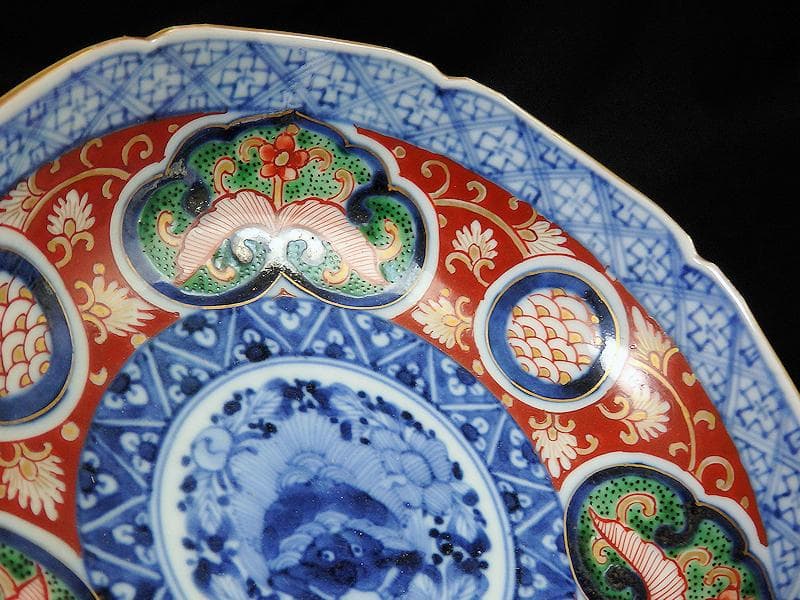 大聖寺伊万里　花に唐獅子　丸紋に金唐草の図　膾皿　５客　B225 AS-CGc