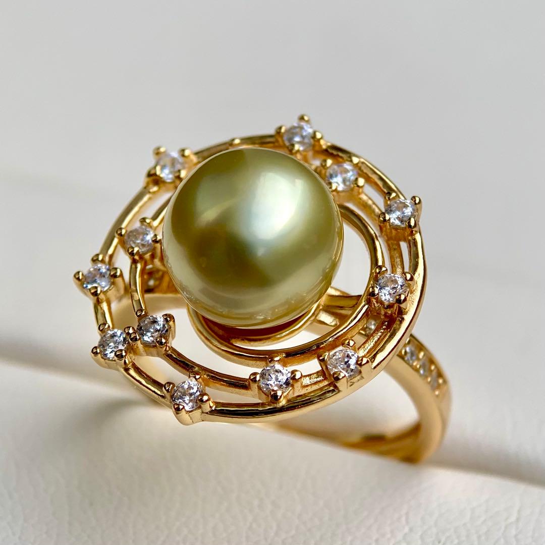 本真珠南洋白蝶真珠　茶金(緑)9.6㍉s925リングY1023