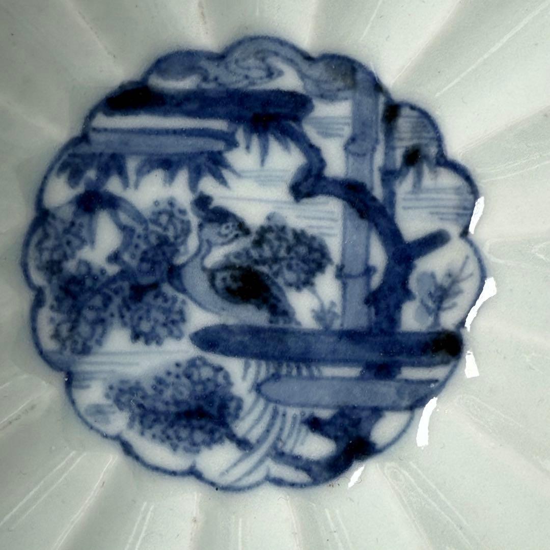 江戸中期〜後期　古伊万里　藍九谷花鳥図菊花形向付　五点　最上手　特注桐箱　共布