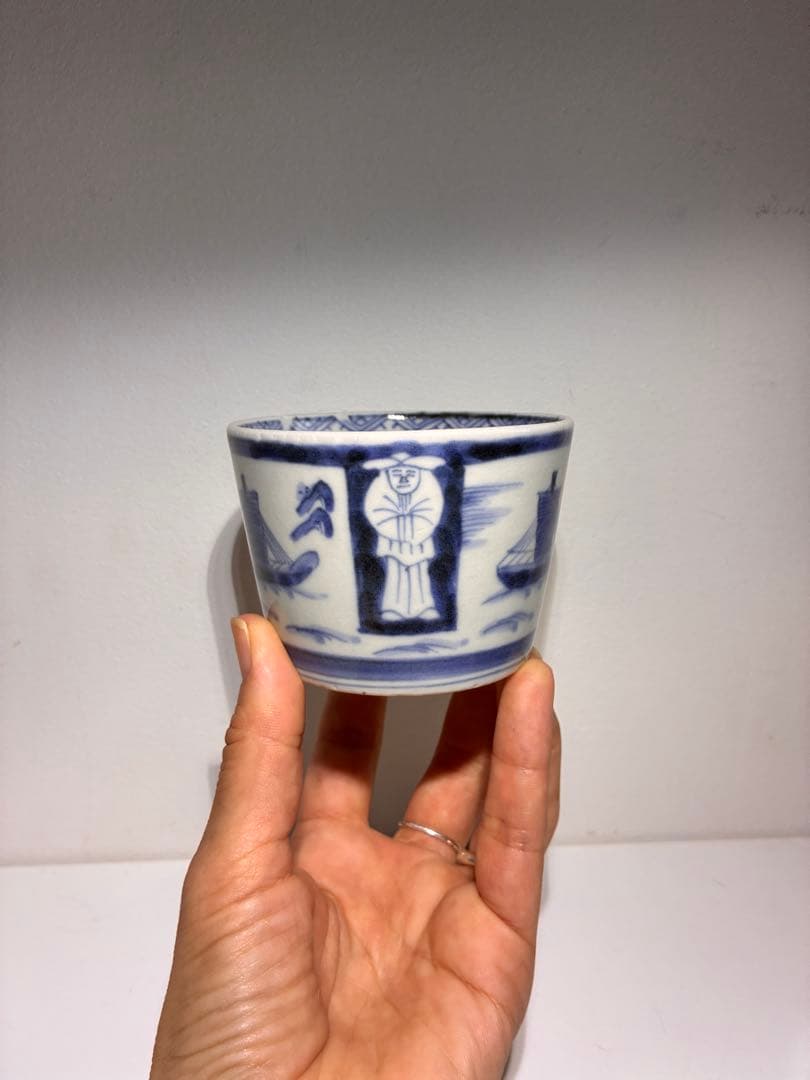 古伊万里 蕎麦猪口 異国人 帆船 ラッタン 南蛮人 アンティーク 骨董2個