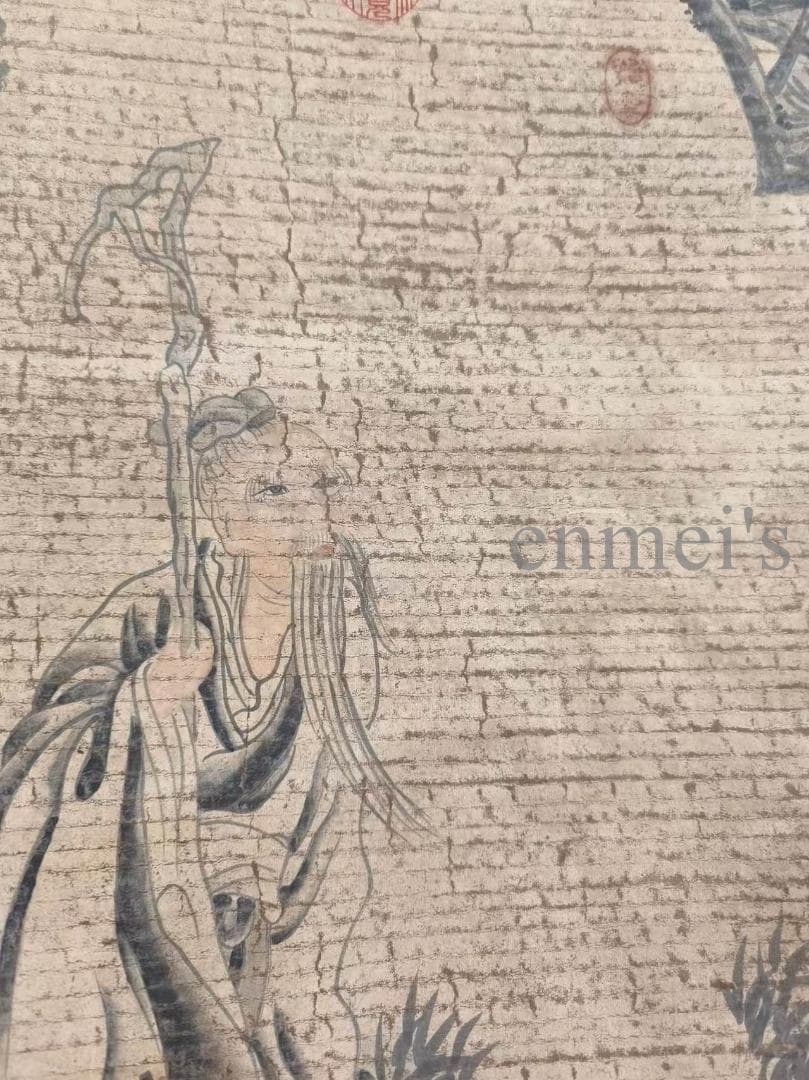 中国古美術 明代 盧稜伽作款 水墨画 風景人物 三尺 宣紙 掛け軸