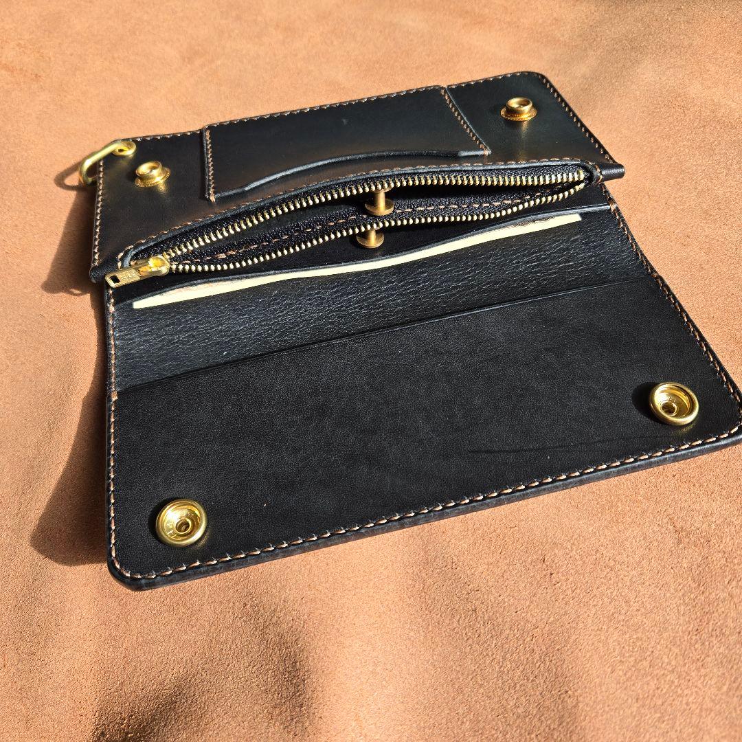 146ロング　トラッカーウォレット 国産ヌメ革【ブラック】