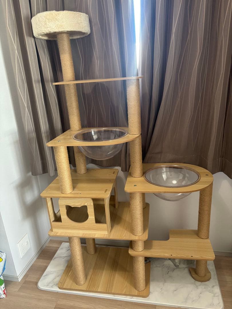 木製多層キャットタワー 透明ボウル付き
