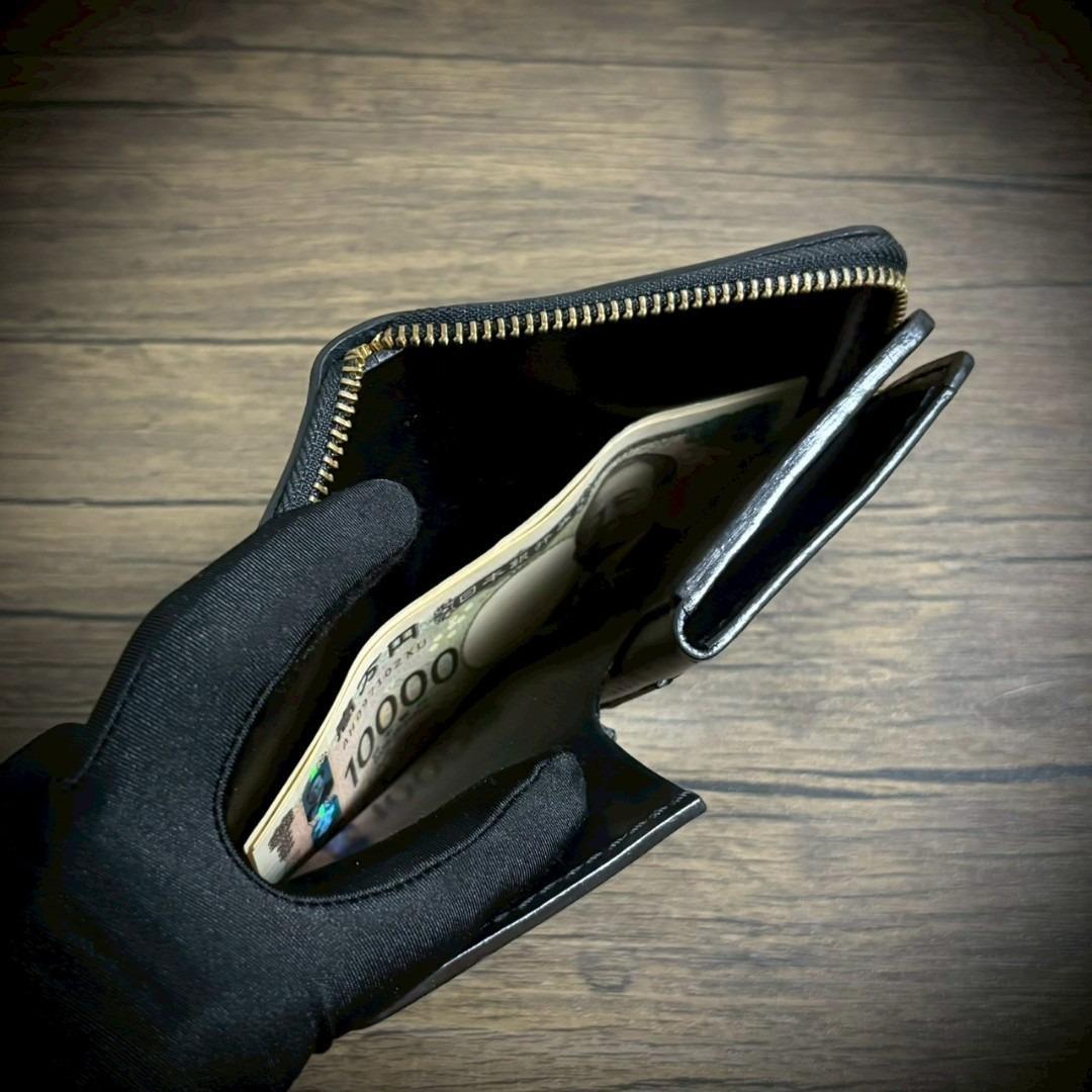 総手縫い ラウンドジップ ミドルウォレット 本革 牛革 ブラック 黒