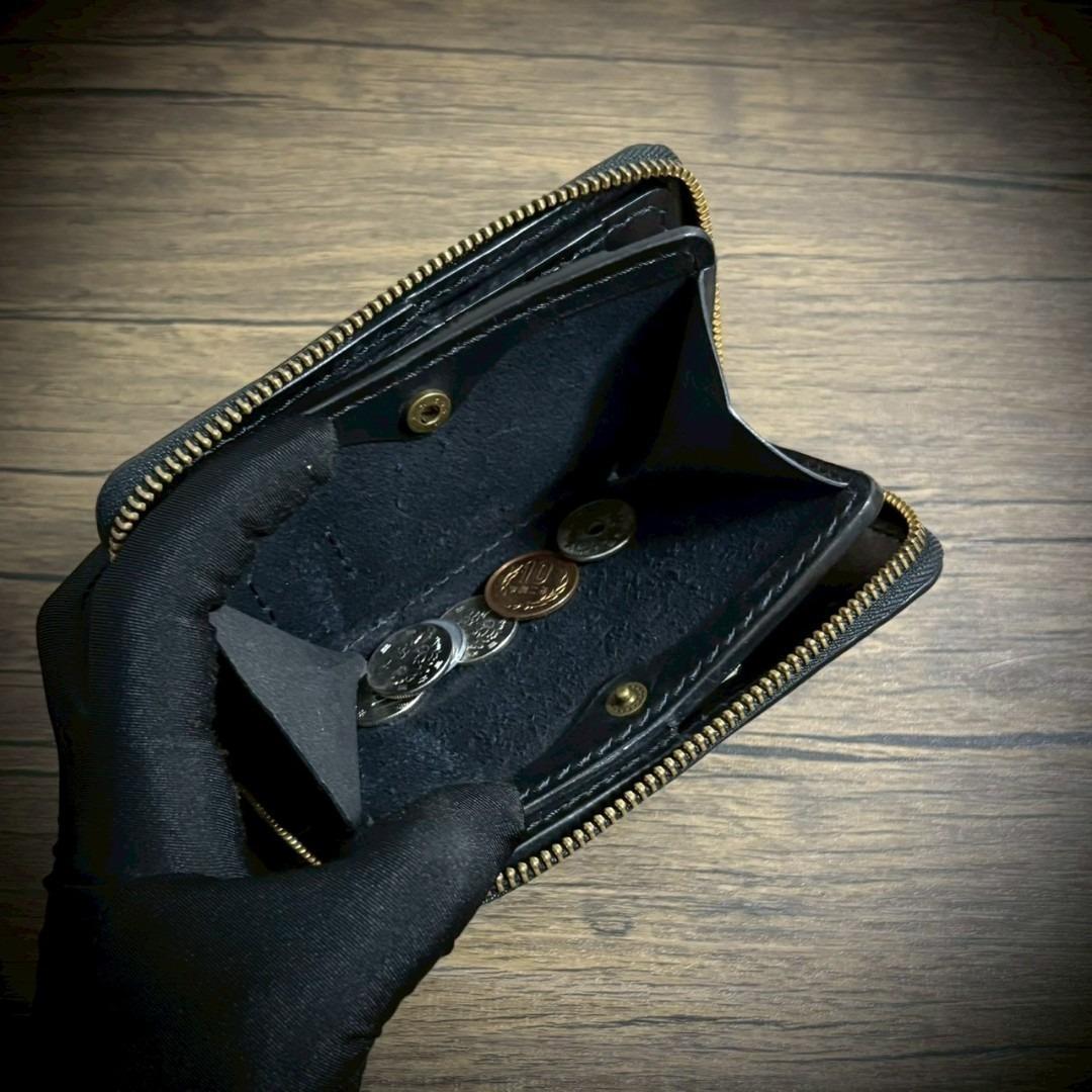 総手縫い ラウンドジップ ミドルウォレット 本革 牛革 ブラック 黒