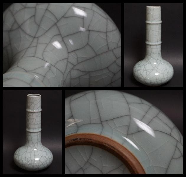 茶道具 哥窯鶴首花瓶 青磁花器 貫釉 茶道具 華道具 共箱