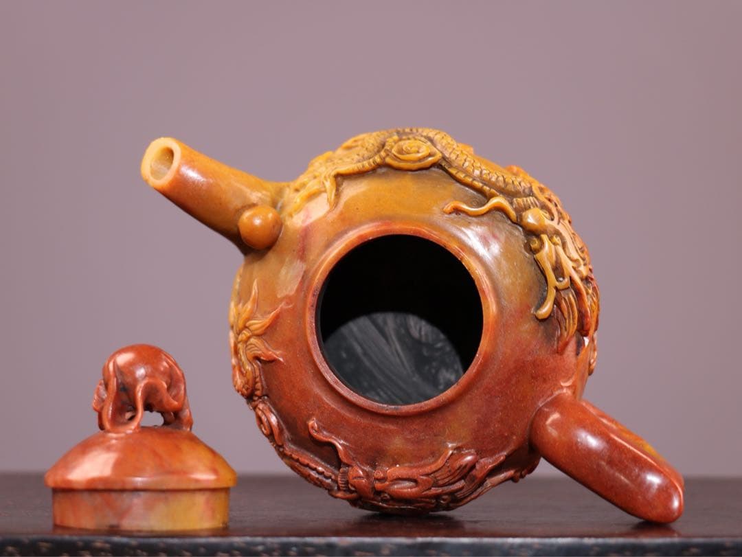 時代物 雙龍 天然 寿山石 急須· 茶壺 極細工彫刻 置物 逸品 インテリア