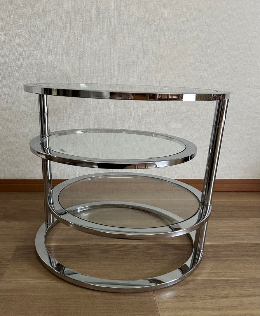 ミッドセンチュリー 北欧ラウンドテーブル3段ガラススライドテーブル