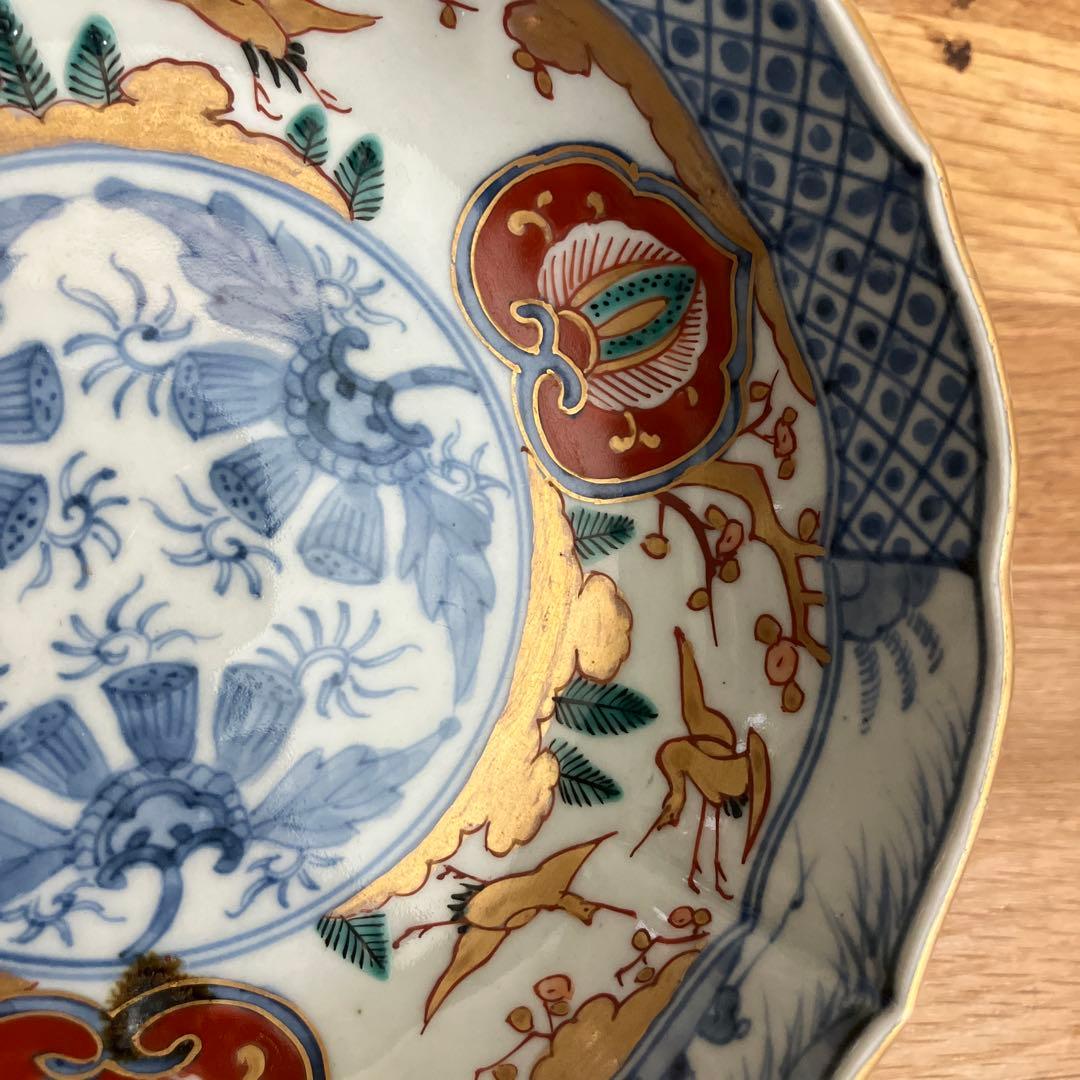 古伊万里 江戸中期色絵金彩染付 なます皿 花リム鉢 古道具 アンティーク 骨董