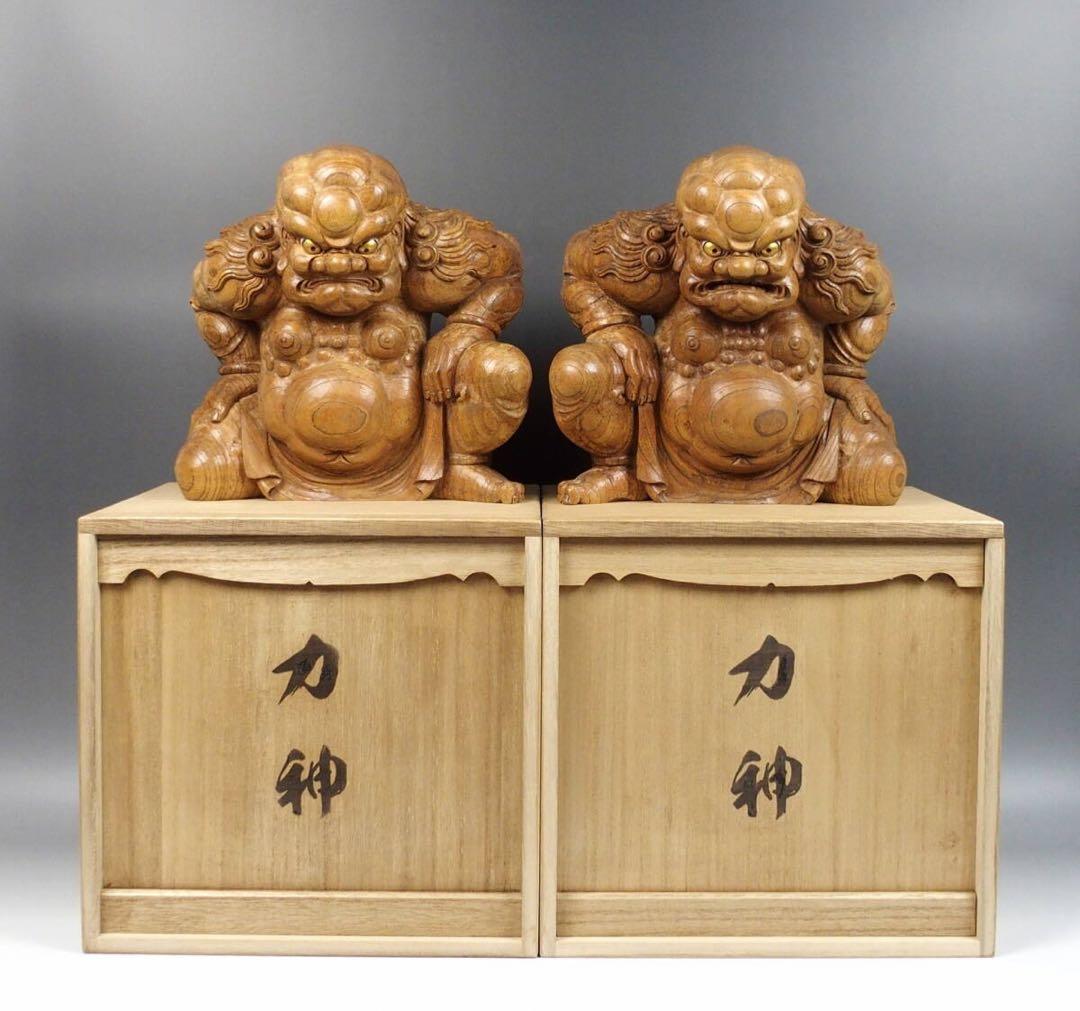 木彫【力神 力人】30cm ガラス眼 阿吽一対 欅(けやき)一木彫
