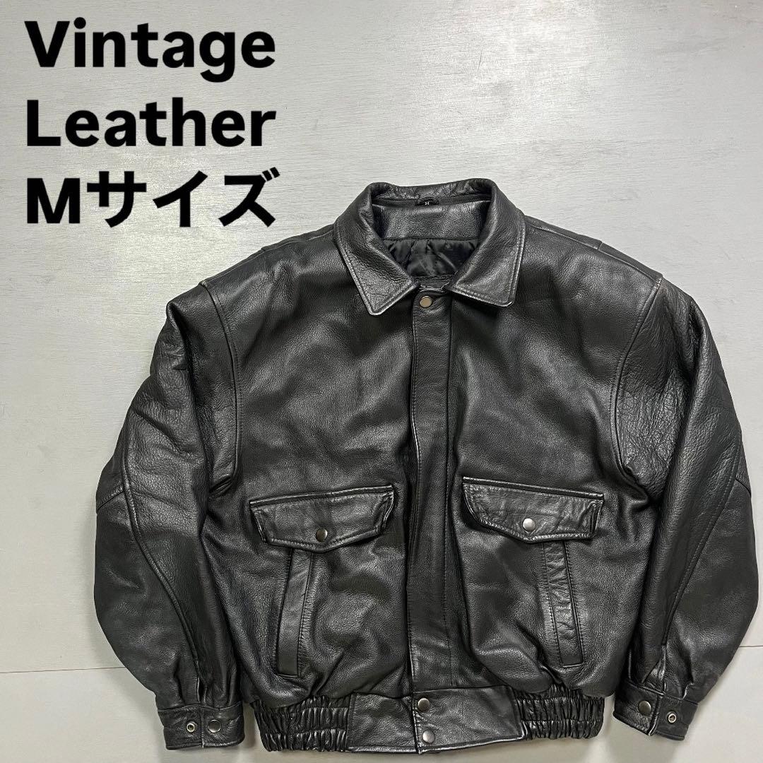 vintage レザーフライトジャケット牛革オールレザー短丈黒M
