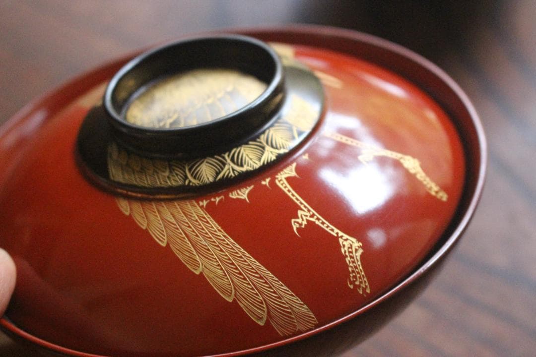 時代逸品！時代日の出塗に極上鶴沈金の映えるお椀2点（検輪島塗雑煮椀