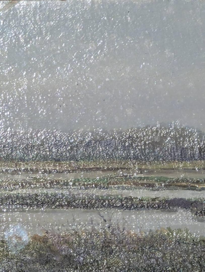 【真作】絵画　平賀正勝　油彩SM　梅雨の頃　静謐な水田風景　自然描写　Y99