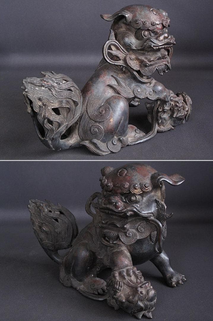最終値下げ‼️ 金工細工『古銅 親子獅子置物』明治期　高18㎝/ 3.45㎏