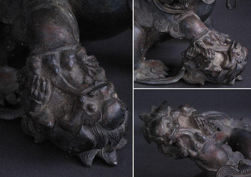 最終値下げ‼️ 金工細工『古銅 親子獅子置物』明治期　高18㎝/ 3.45㎏