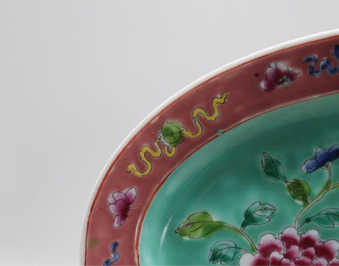 中国　許順昌造　粉彩鳳凰牡丹紋楕円大皿　送料込み1028