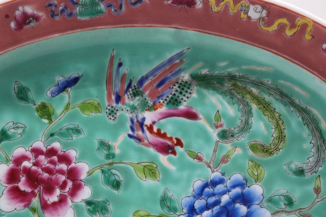 中国　許順昌造　粉彩鳳凰牡丹紋楕円大皿　送料込み1028