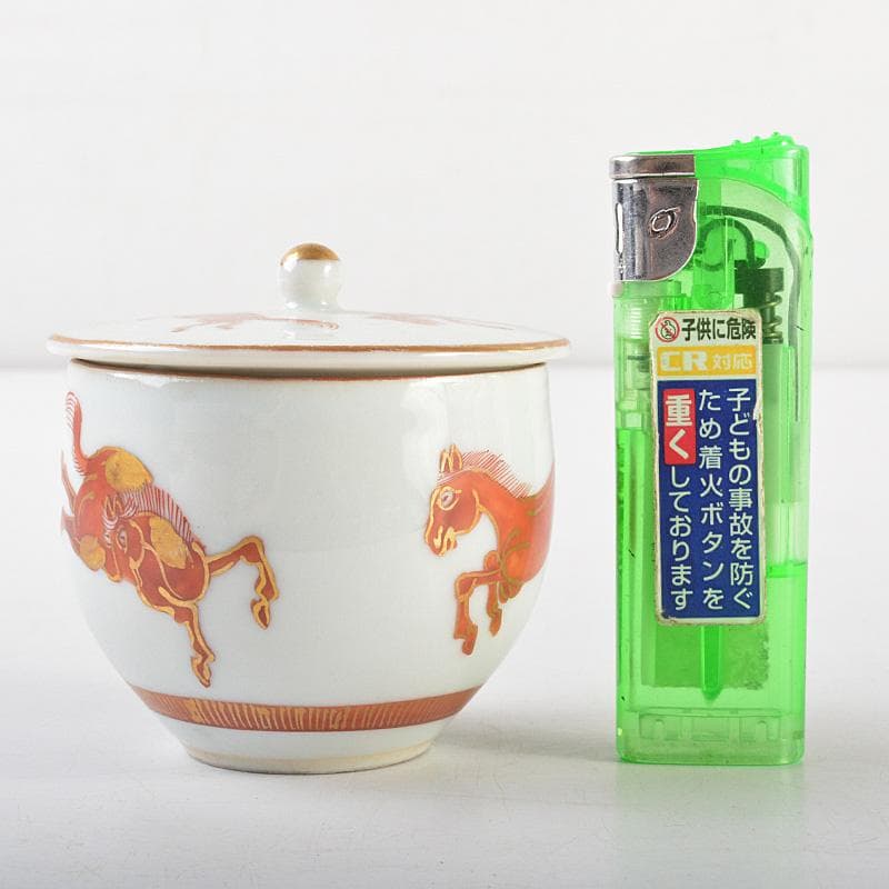 九谷焼 赤絵金彩 双馬文 蓋付煎茶碗 蓋碗 五客 C 5588