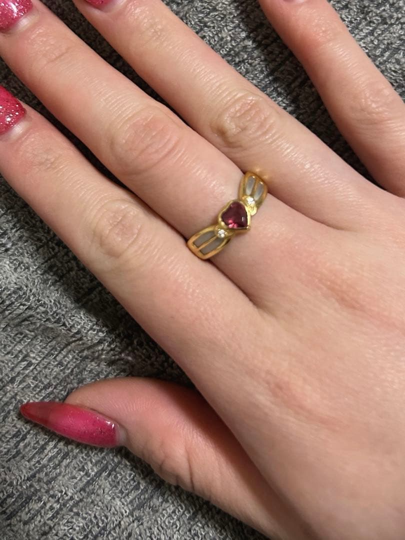 K18 Pt900 ガーネット　ダイアモンド　ハートリング