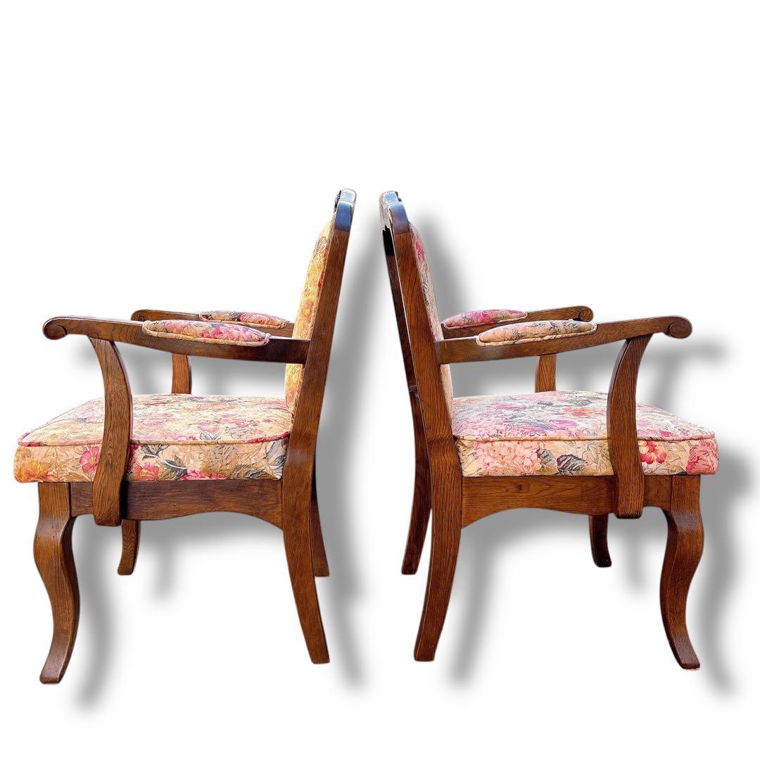 アンティーク 猫脚風 木製 肘掛チェア 2脚セット 花柄 店舗什器