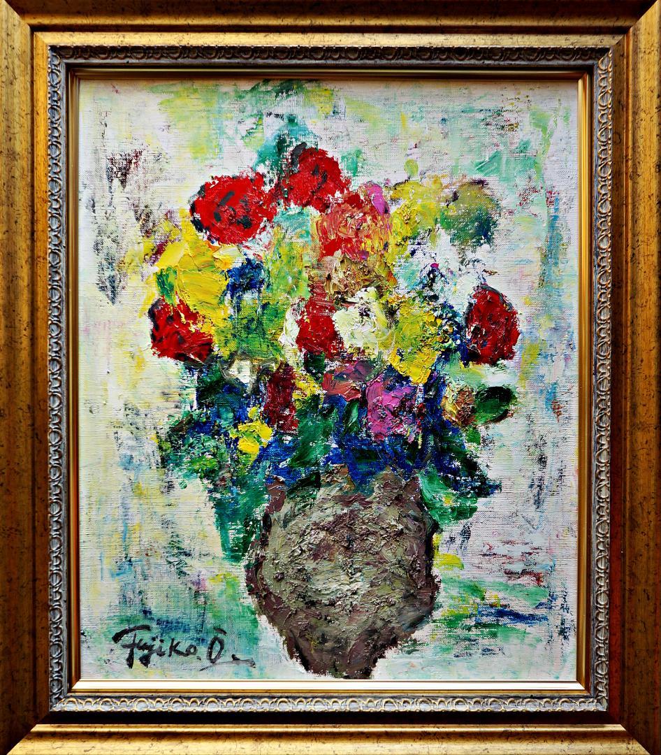 大澤扶二子□薔薇□金色新品額□大きいサイズのF8号絵画□油彩画□絵画