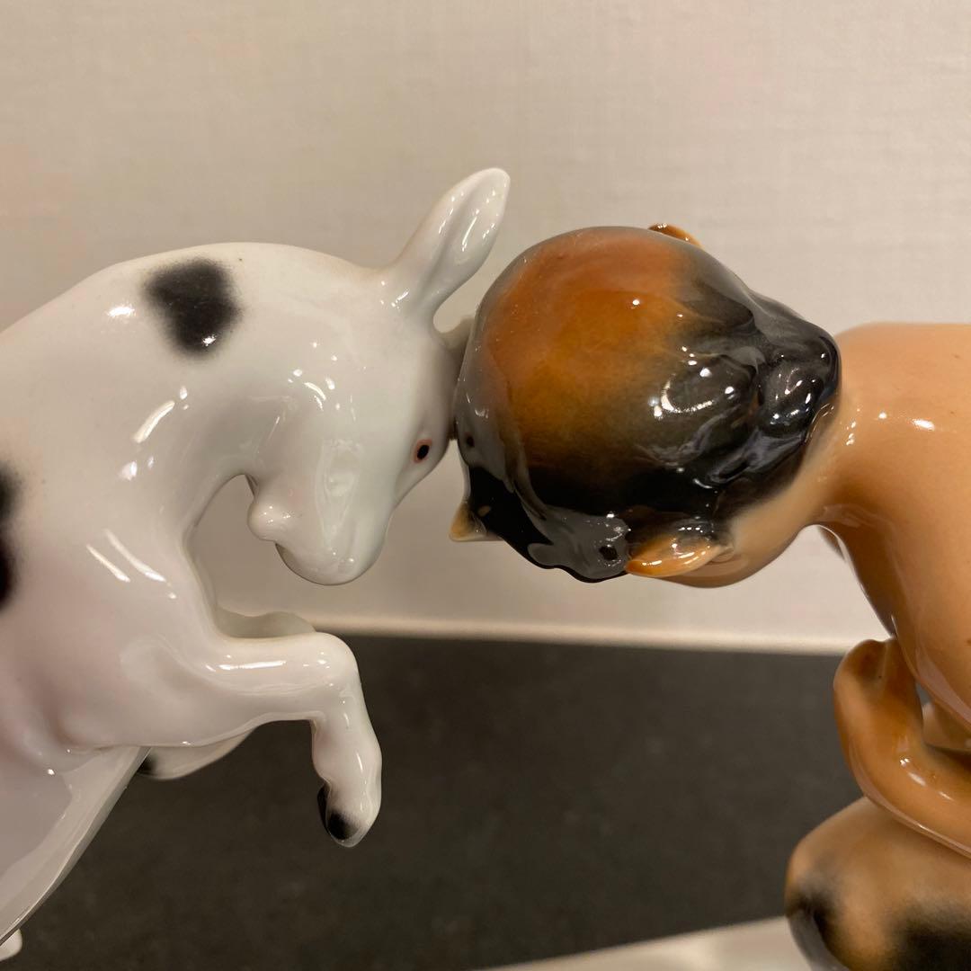 一点物♡】「Gustafsson」と刻印 雄ヤギと角をぶつけ合う牧神の彫刻