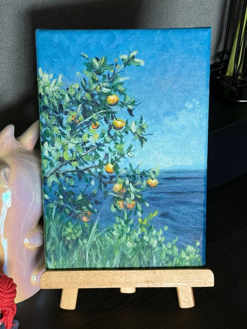 「海辺の蜜柑」　手描き　油絵　風景画　原画　油彩画