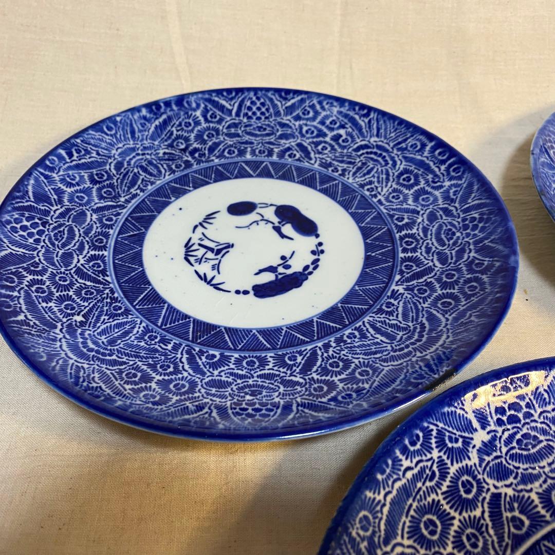 伊万里　古伊万里　中皿　花の図　松竹梅　染付　3客