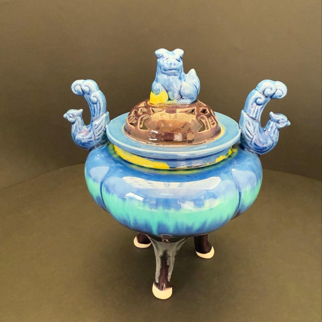 九谷焼　司峰作　獅子蓋　鳳凰耳付　香炉　送料込み