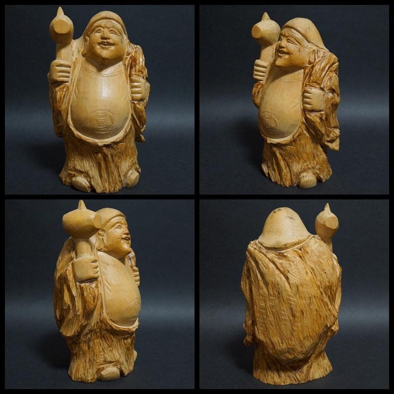 柘植細工彫り 一刀彫り『七福神』7体セット 荒彫り黄楊木縁起物総重