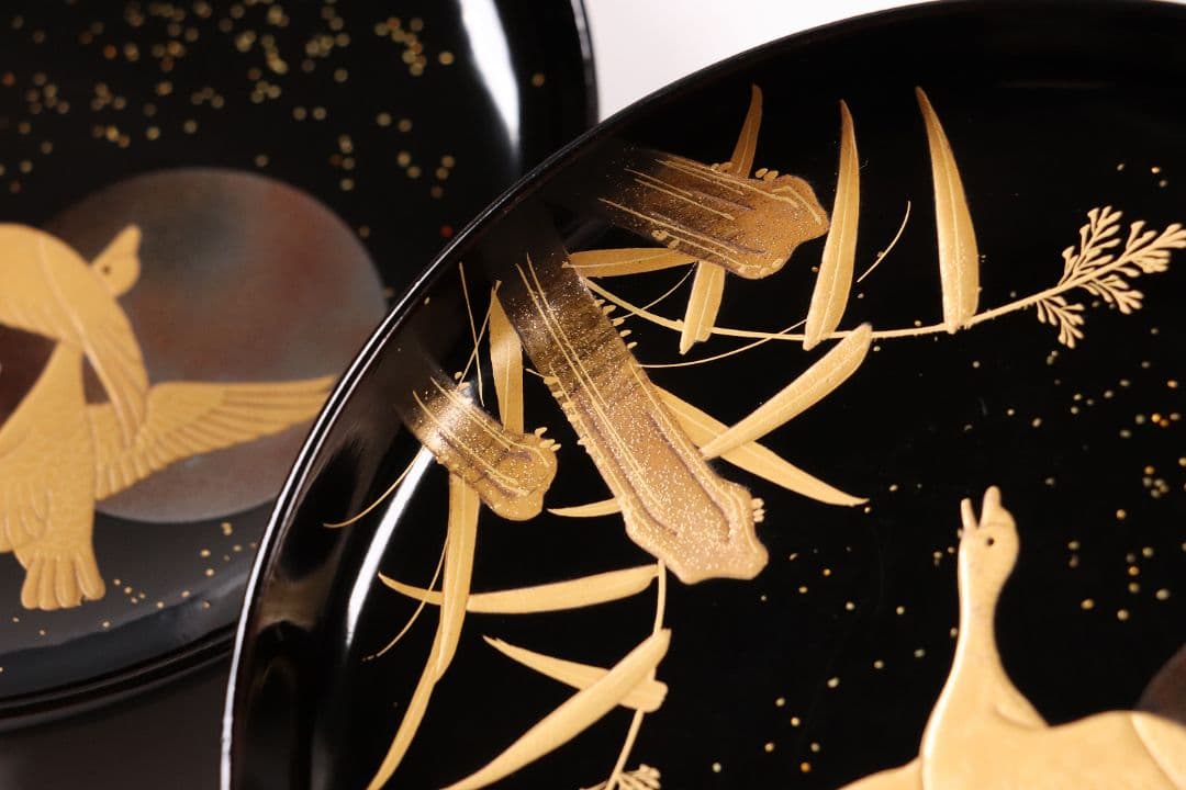 CL63 加賀蒔絵 月に雁 金蒔絵 黒塗煮物椀 二客 木製漆器 梨地 鳥 芦