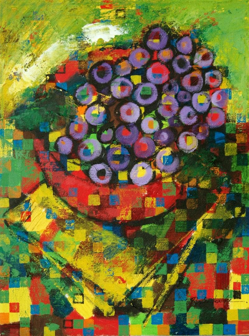 油絵 菅家令子 絵 絵画インテリア 額付(白) uF6-063004果物 ぶどう