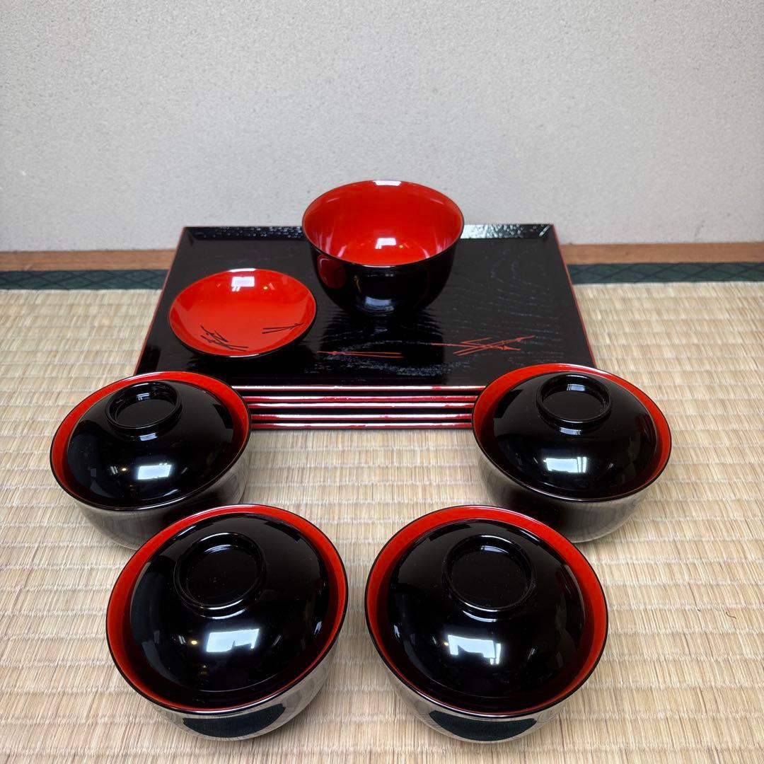 輪島塗　お汁粉椀　お膳　5客組　折れ松葉文　汁物椀　未使用品