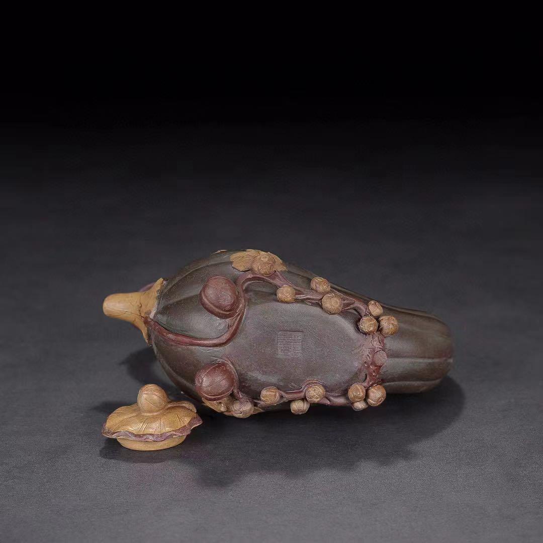 中国古美術・原鉱底槽清、紫砂泥、カボチャ提梁壺、汪寅仙紋 紫砂