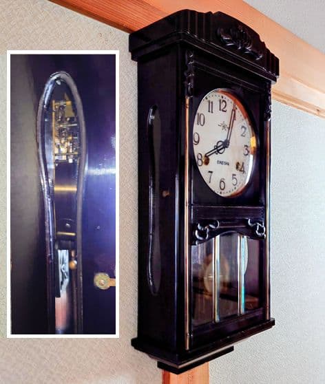 〈完動・美品〉栄計舎　黒漆塗りスリゲル宮型ゼンマイ振り子時計