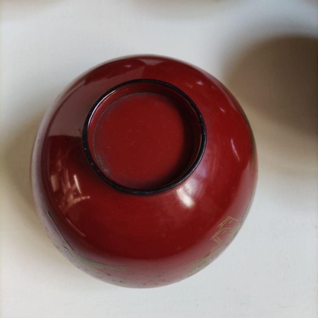 鶴金彩模様の赤漆器蓋付き椀 5個セット