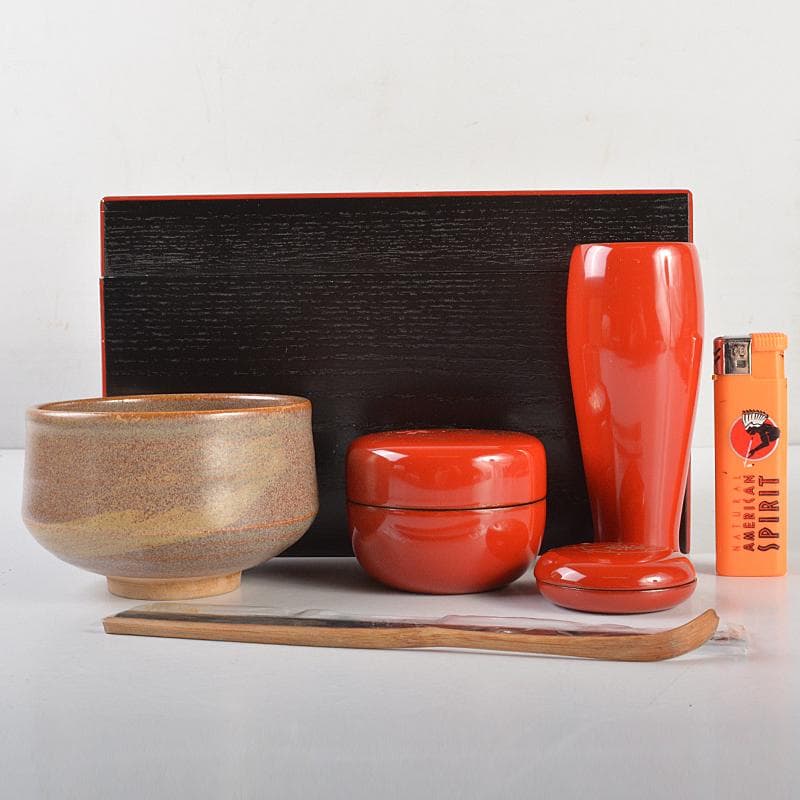 茶道具　黒面朱　利休茶箱　茶碗　継ぎ七宝蒔絵　棗など　六点一式　V　R7231