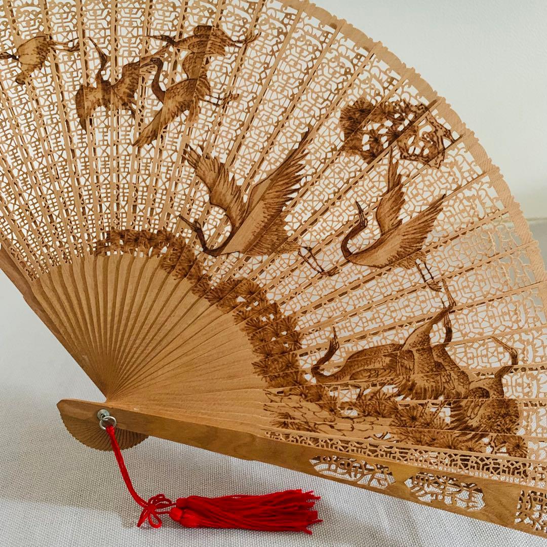 高級白檀扇子 透かし彫り 希少 茶道具 群鶴飛翔図 中国アンティーク