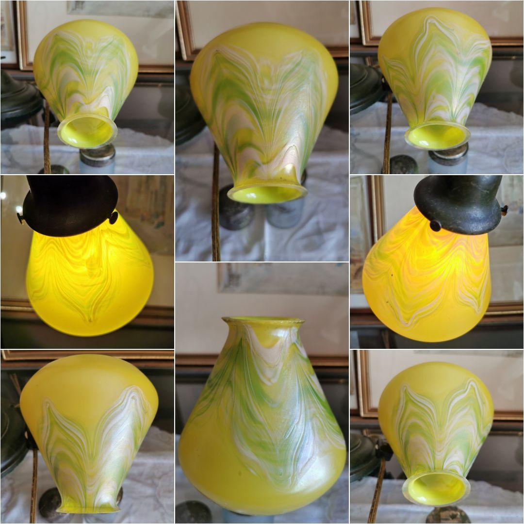 アンティーク 玉虫色イエロー&翠&乳白&桜 ファブリル系ガラス ランプ