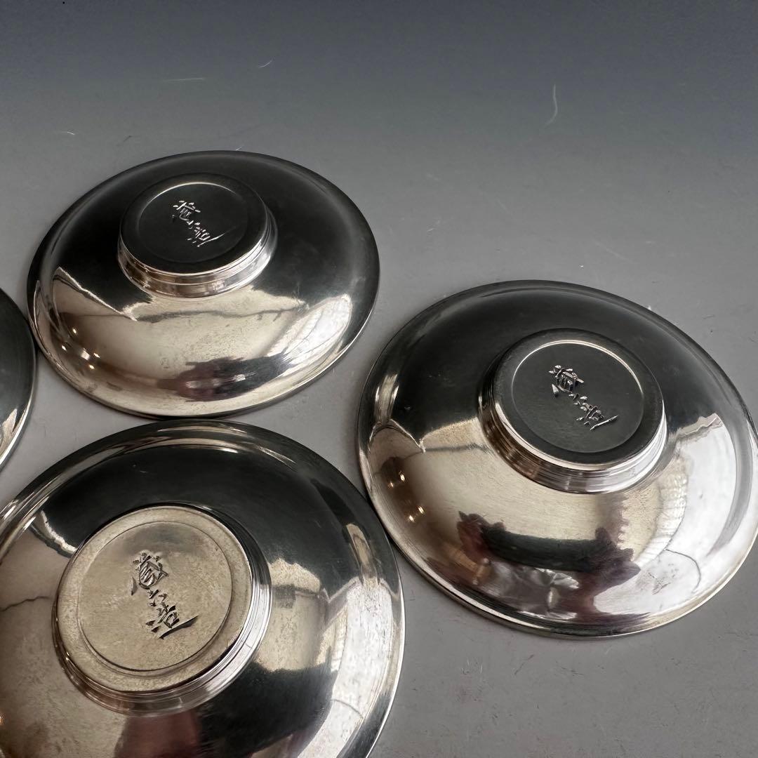煎茶道具　純錫　茶托　五枚組　秦蔵六　共箱　張松齢之作意　富岡鉄斎五清画讃刻