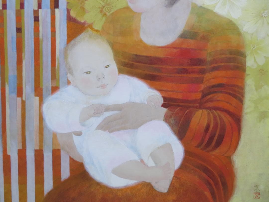 ◆月舘京子　「母子」　日本画　F12号　真作保証　師：山下保子◆