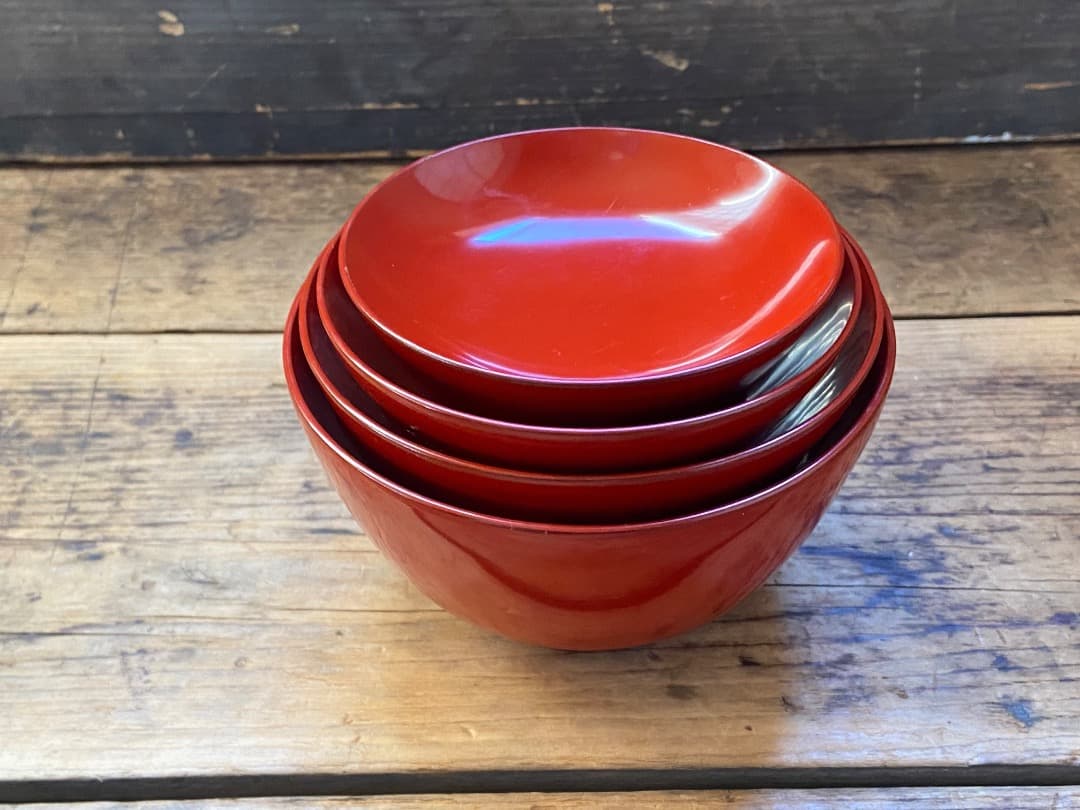能登蔵出し 輪島塗 朱漆 入れ子 四つ椀 / 時代 朱塗 漆器椀 四つ組椀 正月
