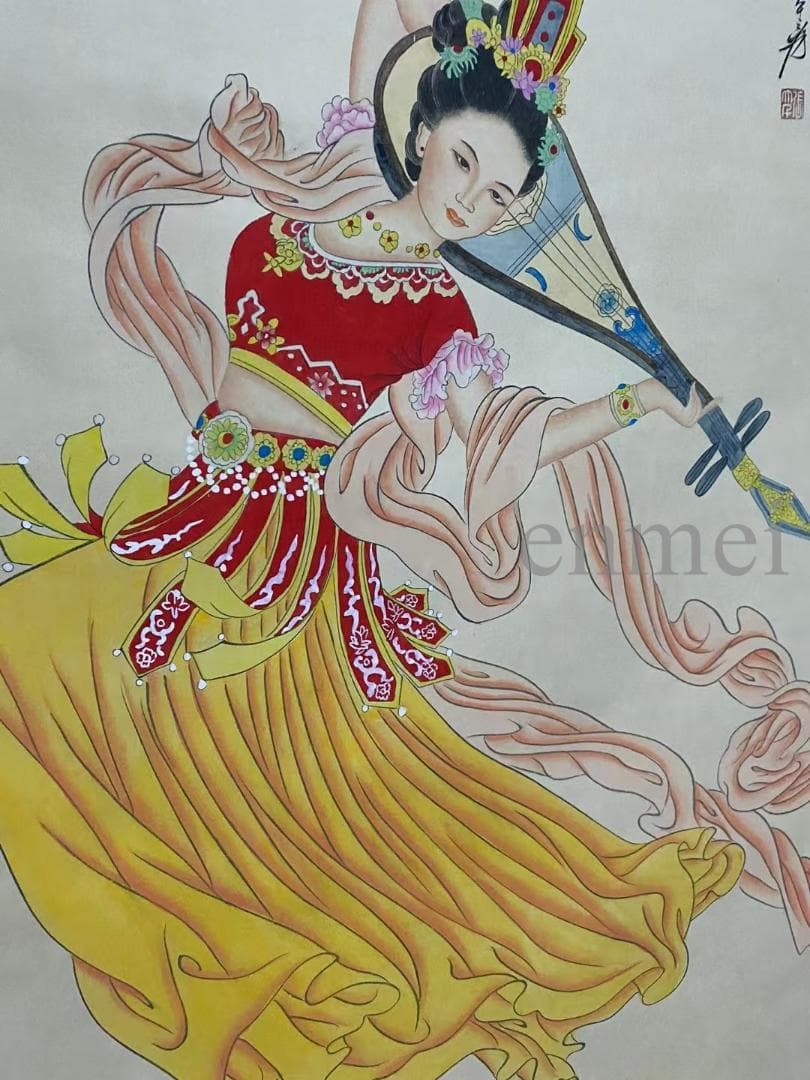 中国古美術・旧藏珍品・張大千款・彩絵人物画・純手描き・四尺中堂掛軸