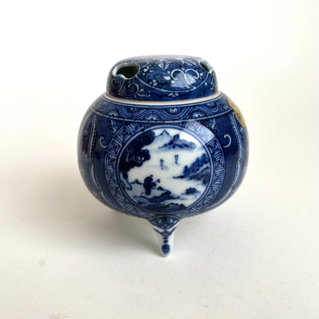 未使用 京焼 清水焼 京都 香炉 染付け 平安 木箱入り 土山 松泉作