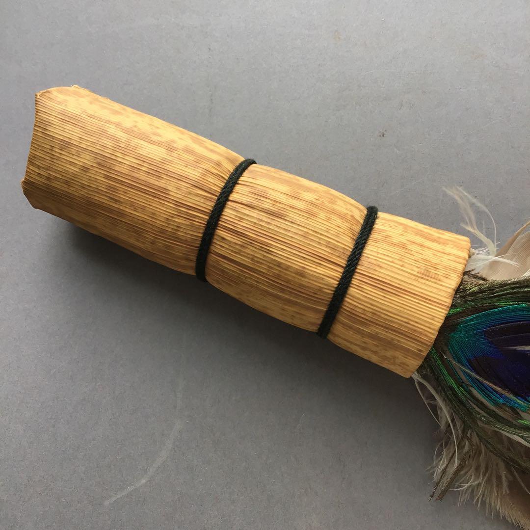 茶道具 羽箒(孔雀羽入り) 紙箱(修復歴あり、紙箱劣化有) S21HB