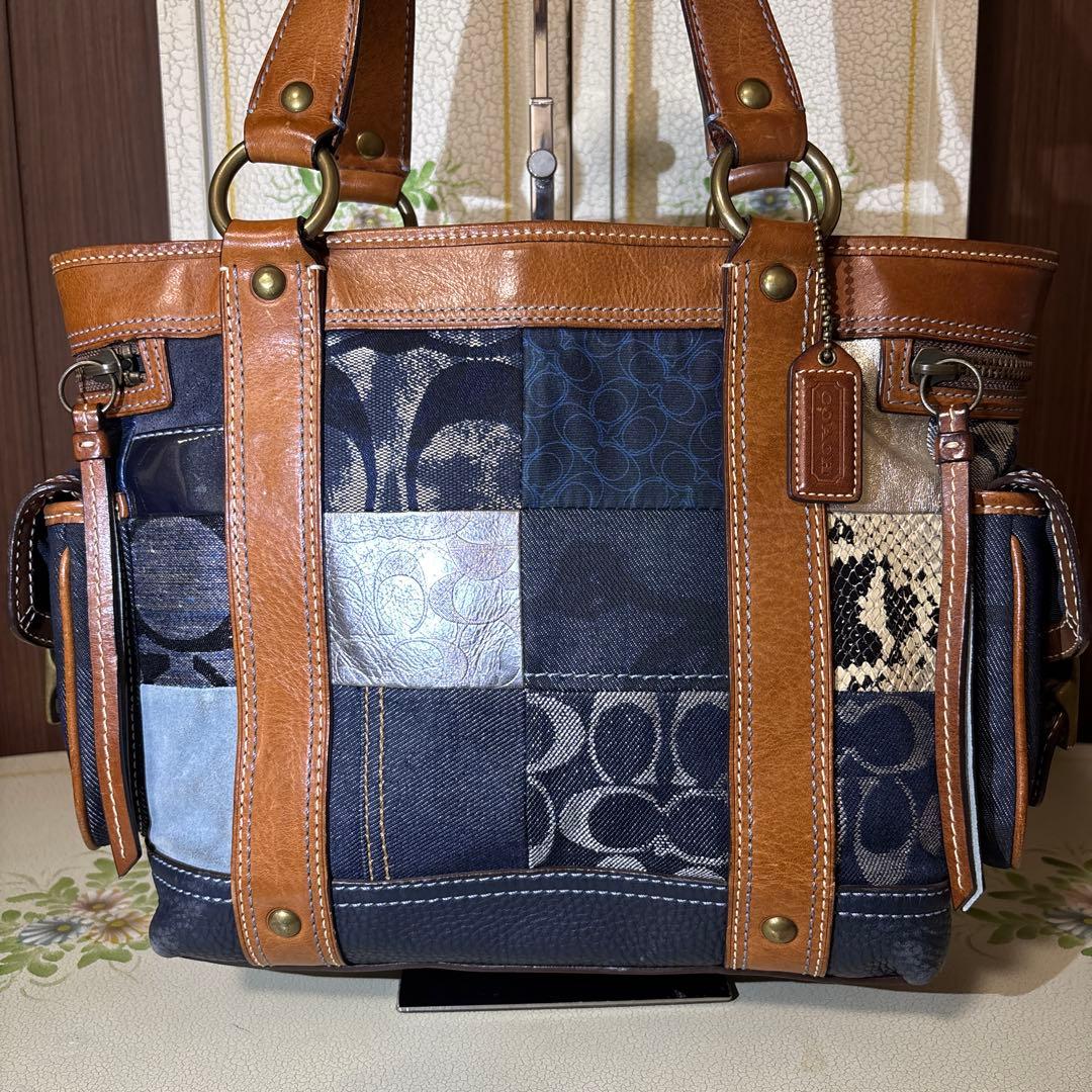 COACH トートバッグ パッチワーク デニム シグネチャー　レザーハンドバック
